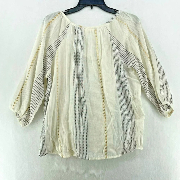 Lovestitch Blouse Women's Sz M Cream Striped Metallic Gold Puff Sleeves Tassel - Picture 2 of 12